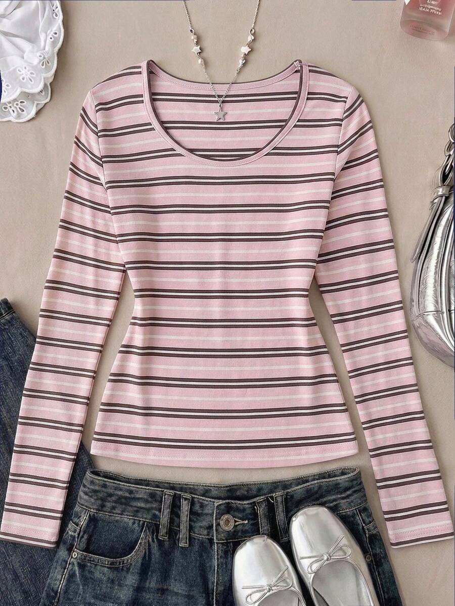 SHEIN 青少年女孩條紋長袖修身休閒T恤 - 粉色 - 查看 1