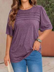 EMERY ROSE Plus Size Casual Versatile Ruched Round Neck Short Sleeve T-Shirt For Daily Wear - Purple - View 3
