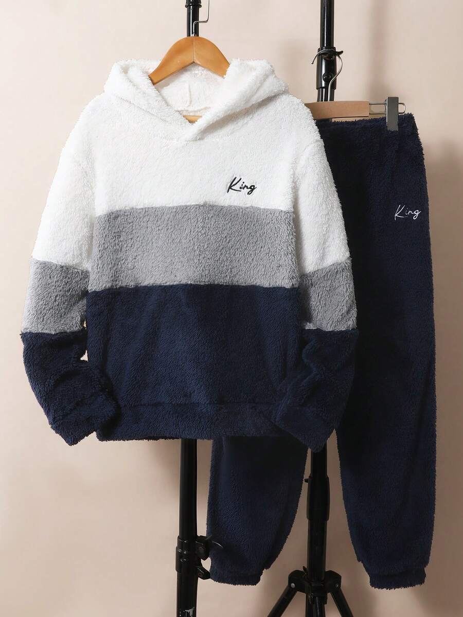 Vacaura 男童休閒雙面抓絨拼接撞色毛絨連帽兩件套 - 彩色 - 查看 1