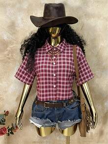 Rovax Women's Vintage Red Plaid Short-Sleeve Shirt, Y2K Style, Streetwear, Casual, Back-To-School. - Multicolor - View 3