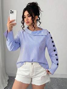 GlowEve CURVE Plus Size Women Stand Collar Striped Long Sleeve Shirt, Suitable For Commuting And Outings Blue And White Striped Shirt Striped Button Up Fall - Blue - View 1