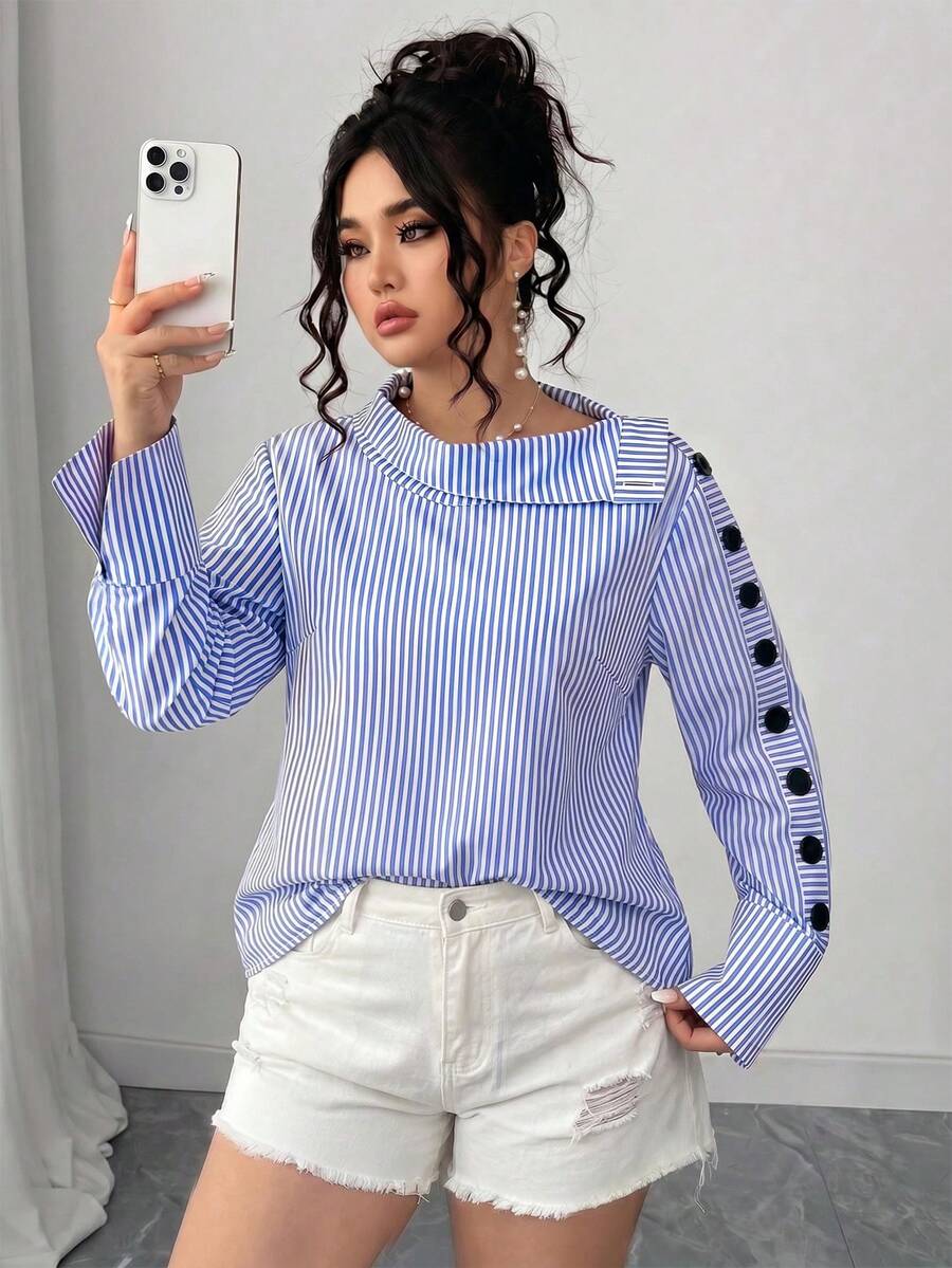 GlowEve CURVE Plus Size Women Stand Collar Striped Long Sleeve Shirt, Suitable For Commuting And Outings Blue And White Striped Shirt Striped Button Up Fall - Blue - View 1