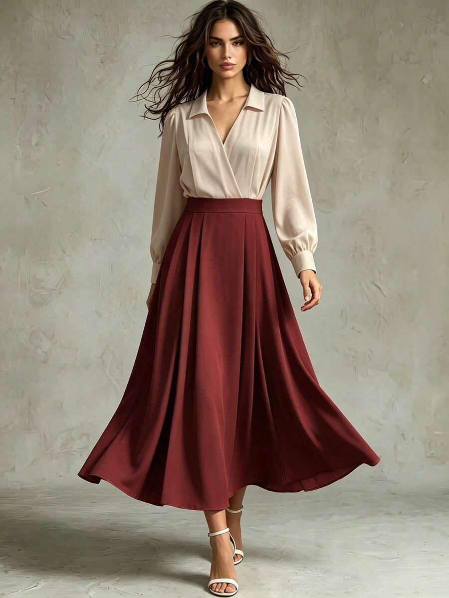 Franclia Elegant Fashion Shiny Fabric Top And Pleated Midi Skirt 2 Pieces Set, Suitable For Autumn/Winter - Multicolor - View 1