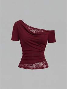 Sweetra 女款法式風夏季新款時尚透視蕾絲修身性感露肩三件套休閒日常通勤約會T恤 - 彩色 - 查看 5