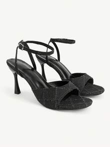 CUCCOO CHICEST 新款細高跟涼鞋，帶扣設計，優雅通勤與約會女鞋 - 網格牛仔黑色 - 查看 1