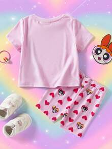 THE POWERPUFF GIRLS X SHEIN 女嬰卡通印花T恤短褲套裝 - 粉色 - 查看 2