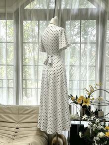 Celisse Polka Dot Red Tie-Waist Midi Dress - Black and White - View 2