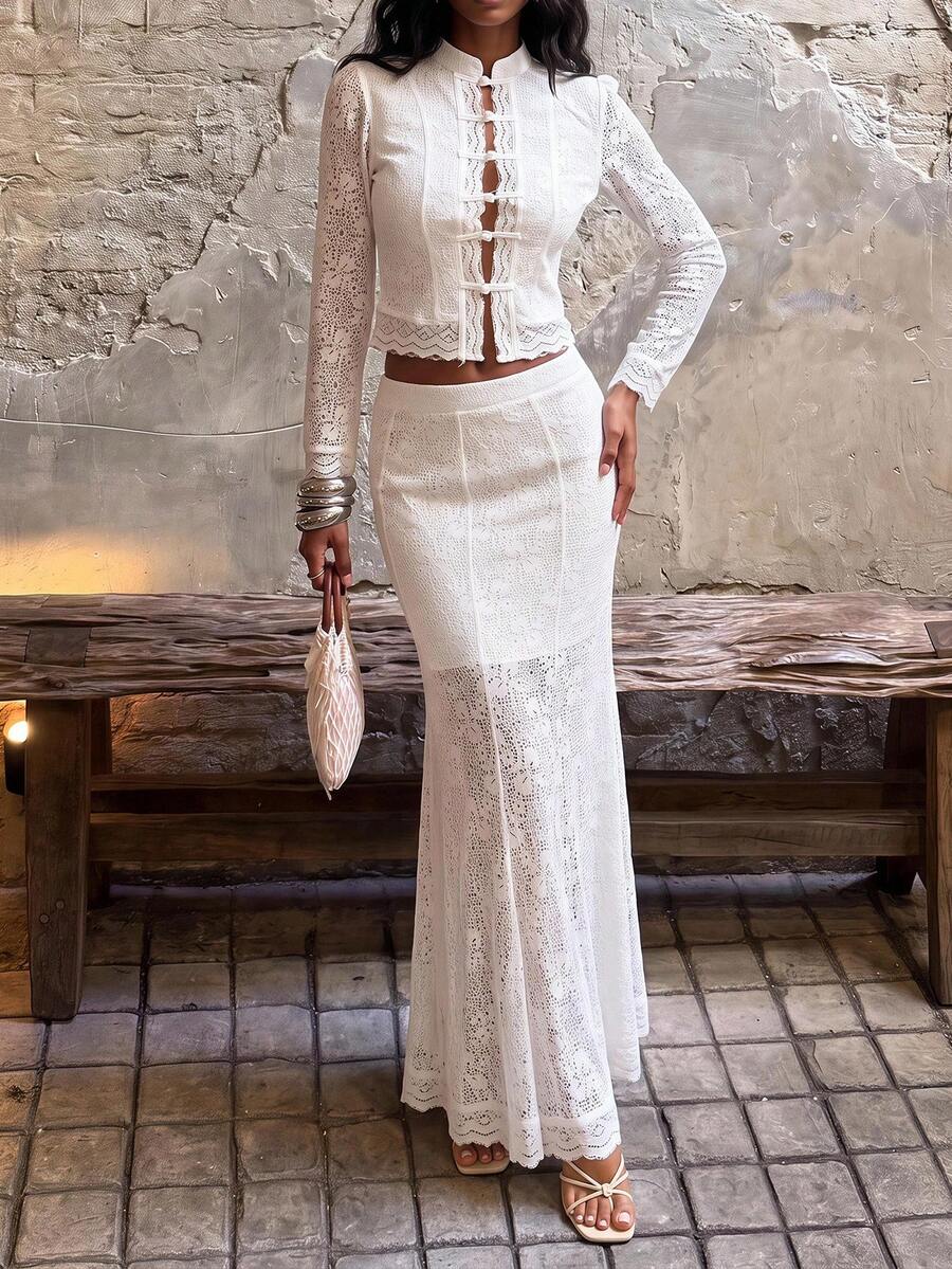 SHEIN BAE Autumn White Lace 2-Piece Set New Chinese Style Frog Button Stand Collar Long Sleeve Top Long Skirt Vintage Romantic Elegant Outfit Vacation Wedding - White - View 1