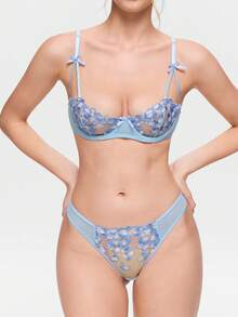 Bonmuse Lencería sexy para mujer, malla azul, ultra fina, floral, patchwork, bordada, moldeada, dulce, conjunto de 2 piezas: sujetador + tanga, azul claro fresco para el verano para el verano - Azul - Ver 5