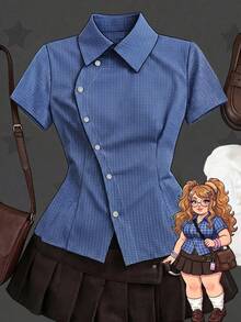 Sunspun Plus Size Spring Summer Asymmetrical Collar Short Sleeve Plaid Shirt - Blue - View 1