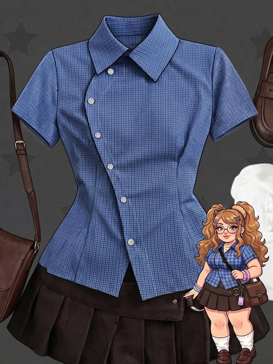 Sunspun Plus Size Spring Summer Asymmetrical Collar Short Sleeve Plaid Shirt - Blue - View 1