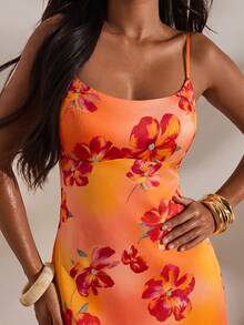 Opulessa 春夏度假純色梭織細肩帶女款洋裝，橘色花卉優雅輕盈性感熱帶海灘度假風 - 彩色 - 查看 6