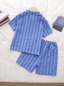 小男孩條紋短袖單排扣上衣與短褲家居服 - 藍色 - 查看 2