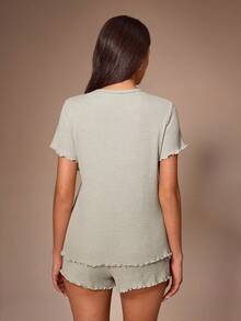 Lazeform Women's Fitted Ribbed V-Neck Button Decor Short Sleeve Shorts Loungewear Set - Khaki - View 2