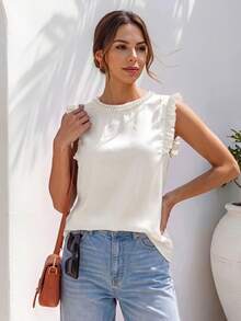 SHEIN ChicEase Women's Elegant Frill Collar Pearl Embellished Blouse - Beige - View 1