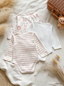SHEIN Vintaside Kids 新生兒春秋款白色純色交叉前襟舒適可愛趣味優雅極簡時尚長袖彈性連身衣多件套裝 - 彩色 - 查看 4