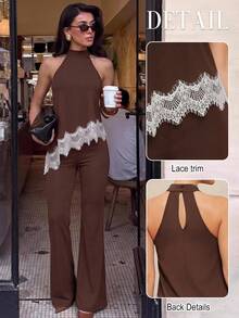 Lumalex Brown Chocolate Brown Halter Top Flare Pants Set High Neck Keyhole Back Asymmetric Lace Trim Hem Sleeveless Luxury Elegant Dinner Night Summer - Multicolor - View 12