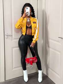 BamGleam Women's Letter Pattern Long Sleeve Zip-Up Baseball Jacket - Yellow - View 1