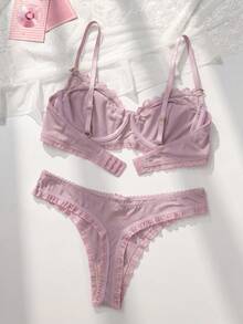 PetitDoll Conjunto de lencería con sujetador con aros y encaje de contraste y panty - Lila Púrpura - Ver 2