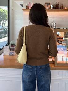 SHEIN Frenchy 女款蕾絲飾邊單排扣休閒百搭日常穿著長袖開襟衫 - 棕色 - 查看 3