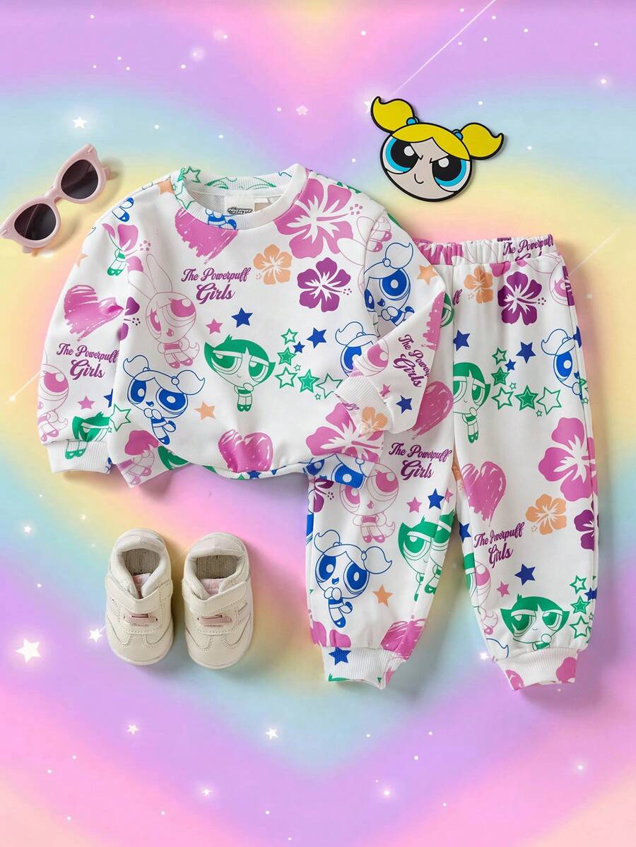 THE POWERPUFF GIRLS X SHEIN 女嬰圓領長袖運動衫與運動長褲套裝 - 白色 - 查看 1