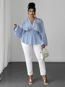 Maweii Plus Size Blue Striped Deep V-Neck Petal Sleeve Cinched Waist Ruffle Hem Casual Fashion Blouse Fall - Blue - View 5