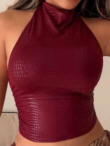 Maria Perezxox Nuevo Top Corto Casual de Verano Estilo Europeo & Americano Sexy con Espalda Descubierta, Cuello Halter, Sin Mangas, Plisado y Ajustado - Burdeos - Ver 7