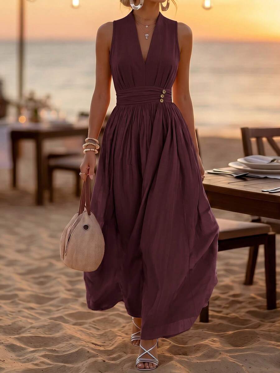 Balvessa Solid Color Sleeveless Long Dress For Vacation And Leisure - Burgundy - View 1