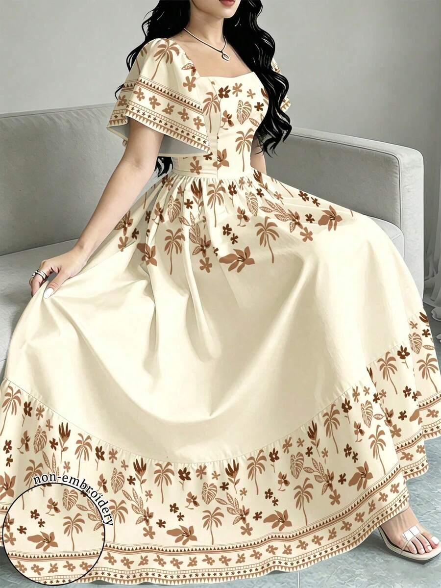 Modelyn 女士优雅连衣裙,饰有龟叶、椰子树、散落的树叶和小花植物剪影印花,时尚方领短袖连衣裙,荷叶边下摆设计,夏季度假风 - 彩色 - 查看 1