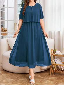 Modelyn Gaun Pesta Wanita Model Longgar dan Elegan dengan Hiasan Kancing Mutiara dan Rok Panjang Berkerut, Lengan Pendek, dan Bahan Chiffon. - Biru - View 1