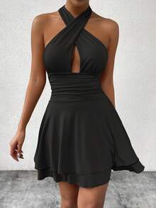 Femesol Women's Simple Solid Color Sleeveless Backless Mini Dress With Neck Strap Halloween - Black - View 4