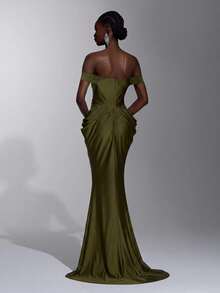 Elitara Robe de soirée élégante et formelle de luxe en tricot élastique, épaules dénudées, plissée à la main, dentelle transparente à la taille, coupe moulante en forme d'éventail, fente, longueur sol, mariage, été - Vert - Voir 4