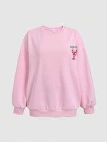 SHEIN 青少年女孩粉綠色龍蝦條紋字母印花寬鬆休閒街頭風運動衫 - 粉色 - 查看 4