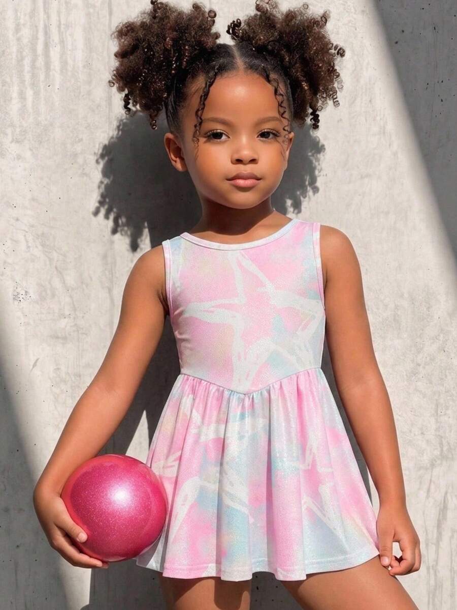 SHEIN Young Girl Star Pattern Colorful One-Piece Sports Outfit, Fitted Design Prevents Exposure, Suitable For Sports, Gymnastics And Dance Competitions, All Seasons - Pink - View 1