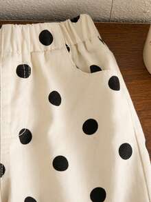 SHEIN Girls' Blue Polka Dot Wide Leg Jeans, Loose Straight Fit With Ruffle Hem, 100 Cotton Denim, Casual Cowgirl Western For School, Outings And Summer - Beige - View 4