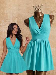 SHEIN Rosurelle Women Teal Summer Elegant Date Wedding Guest Criss-Cross V-Neck Sleeveless A-Line Mini Dress, Backless Pocket Evening Party Beach Short Dress - Mint Green - View 1