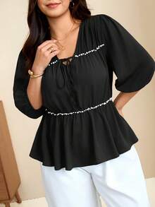 Edennvi Plus Size Women's Black And White V-Neck Pearl Ruched Doll Blouse, 3/4 Petal Sleeve Tie Loose Fit Flattering Belly-Covering Top, Soft Slimming Blouse - Black - View 5