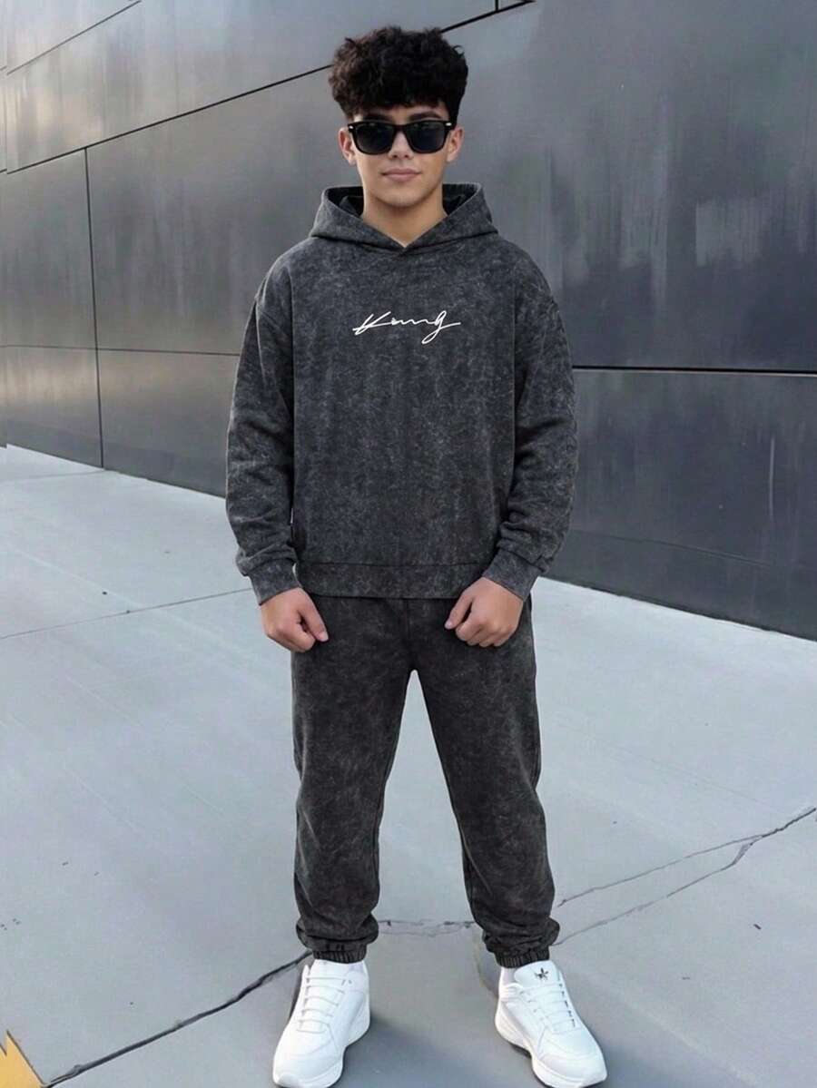 SHEIN 兒童 2 件組 青少年男孩休閒字母印花雪花連帽衛衣與運動長褲