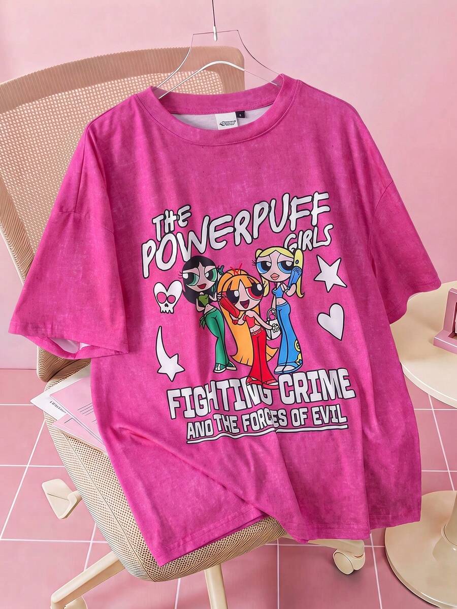 THE POWERPUFF GIRLS X SHEIN تي شيرت رجالي صيفي كاجوال بطبعة كرتونية - وردي - مشاهدة 1