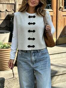SHEIN PariChic Women's New Chinese Style Frog Button Round Neck Knitted Vest Spring/Autumn National Style Sleeveless Top Elegant French Gentle Night Party Light Grey - White - View 4