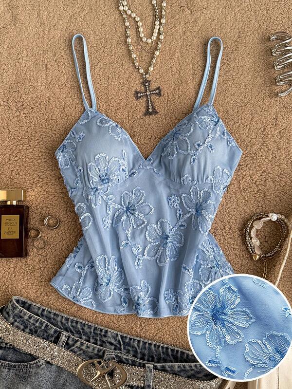 Attitoon Regata para mulher, casual minimalista vintage elegante para deslocações, versátil, azul, com lantejoulas, bordada, em malha 3D, tecido luxuoso, roupa de praia, roupa de férias, roupa de verão para mulher