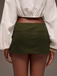 Normani Women's Solid Color Waist Button Design Casual Skirt - Army Green - View 2