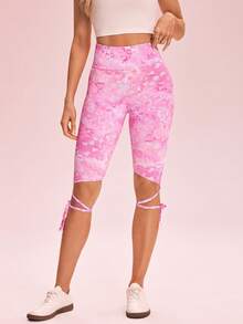 SHEIN Sovereign Charm Women's Leopard Print Criss-Cross Waist Design Capri Length Athletic Leggings - Pink - View 4