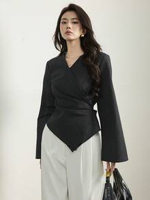 Solavon 女款優雅休閒通勤黑白條紋裹身襯衫，秋季女裝，教師節辦公室晚餐商務穿搭 - 黑色 - 查看 4