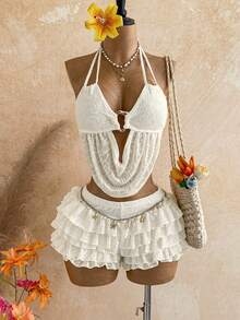 Soleia Women's Vacation Cowl Neck Halter Tank Top And Ruffle Skirts Fashion 2-Piece Set ,Summer, Fall Clothes, Winter, Festival Outfits For Women Party Beach - Apricot - View 6