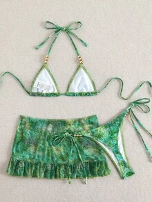 Swim SXY 女款夏季海灘全印花掛脖綁帶性感比基尼三角褲兩件式泳衣套裝附迷你裙 - 彩色 - 查看 2