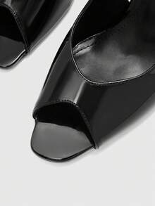 CUCCOO BIZCHIC Spring And Summer Women Open-Toed Slingback Patent Leather Small Square Toe Open Toe Stilettos - Black - View 7