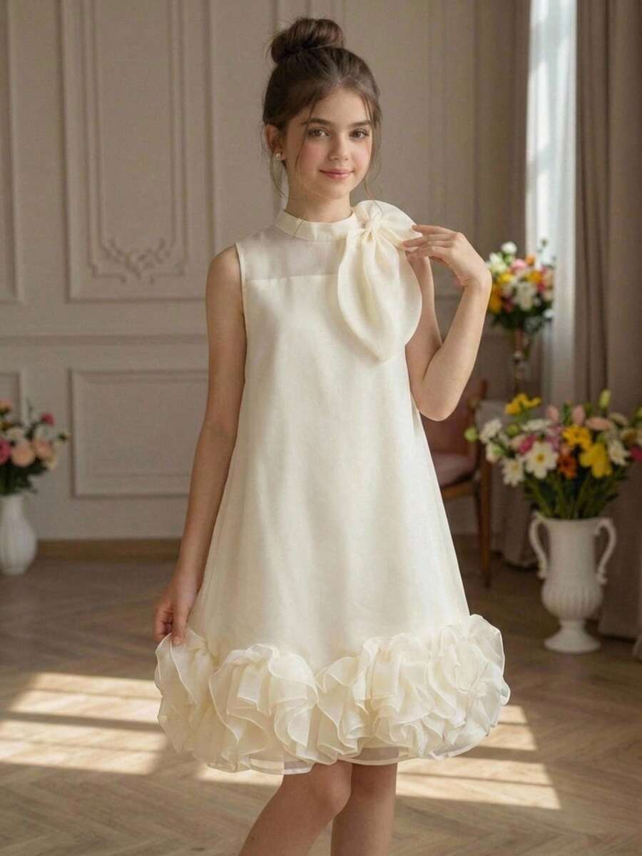 Pitira 少女香槟色薄纱手工花朵无袖蝴蝶结领A字及膝正式连衣裙,优雅复古可爱,适合派对、婚礼、庆典等场合。 - 杏色 - 查看 1