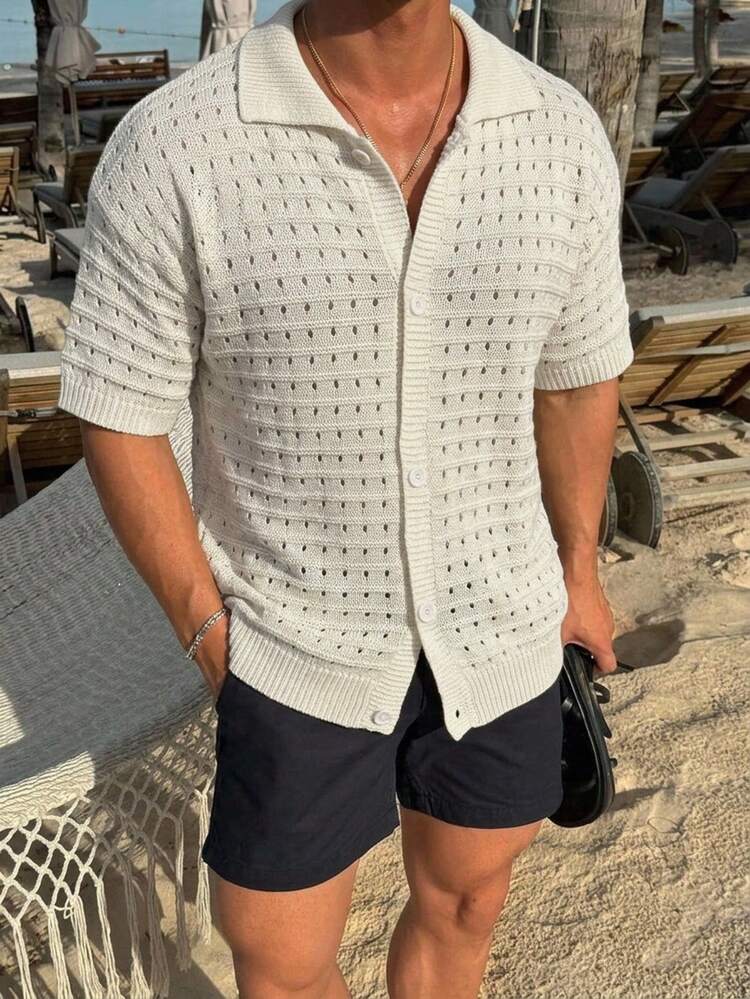 Manfinity Homme Men's Single-Breasted Casual Daily Knit Top,Off-White Summer,Vacation,Old Money,Beach Vacation,Elegant Vintage,Streetwear,Husband - White - View 5
