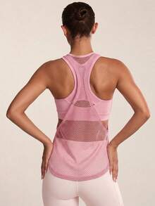 SHEIN BAE Solid Color Hollow Splice Racerback Sports Tank Top - Baby Pink - View 3